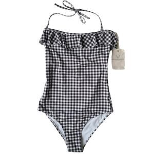 Verdelimon NEW One Piece Swimsuit Gingham Halter Ruffle Womens Sz Medium Preppy
